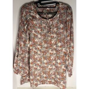LOFT Floral Blouse Women Large Multicolor Long Sleeve Tie Neck Boho Career